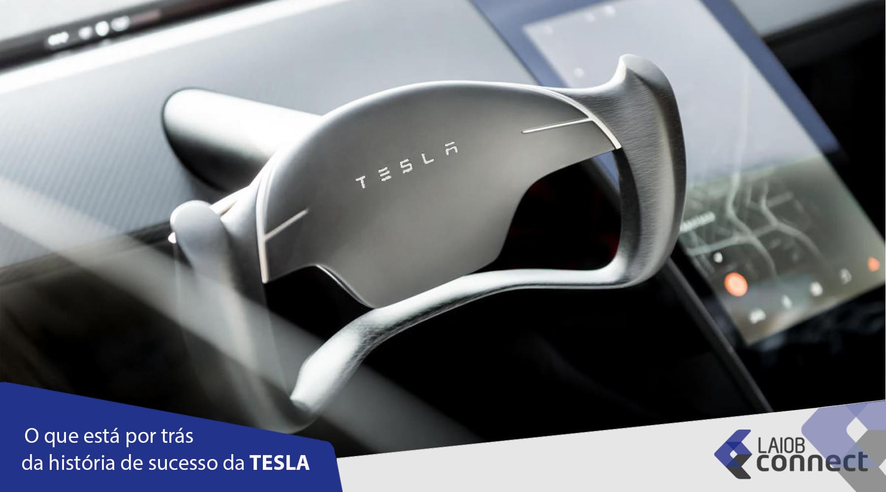 história tesla: um volante do carro da Tesla.